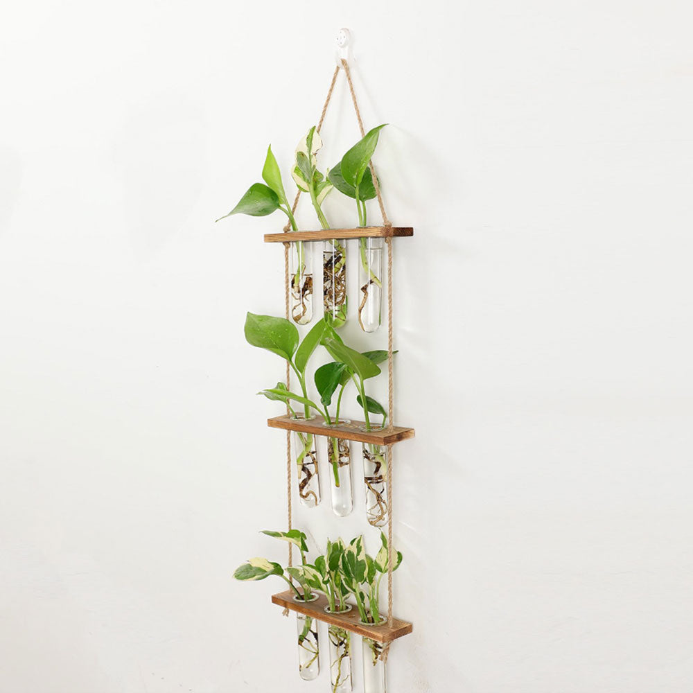 3 Tiered Wall Hanging Terrarium With Wooden Stand Hanging Tube Glass Vases