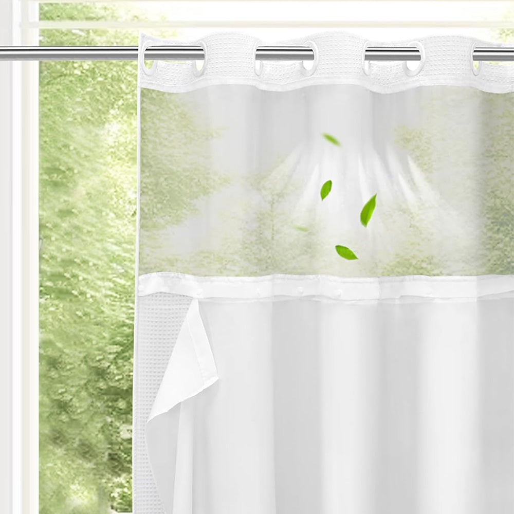 No Hook Shower Curtain with Snap-in Liner and See Through Top Window