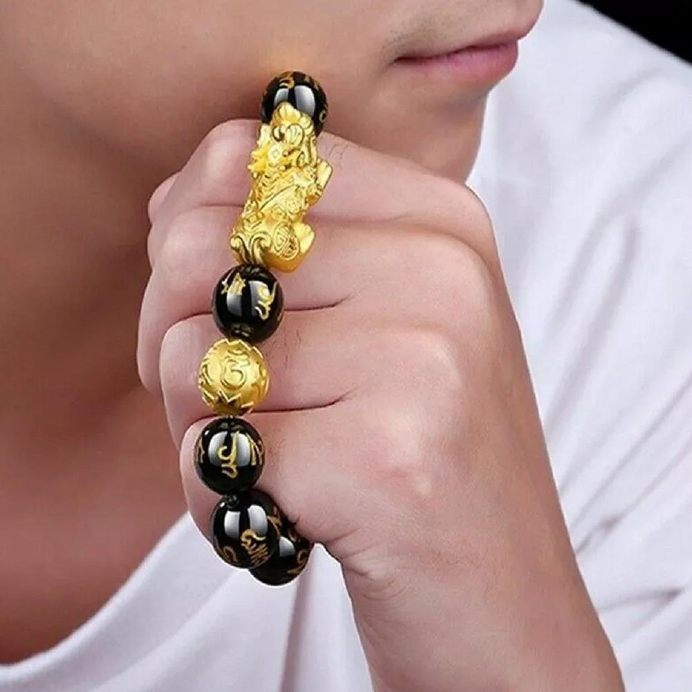 Feng Shui 12mm Black Mantra Beads Pi Xiu Bracelets for Women Men Attract Wealth and Good Luck