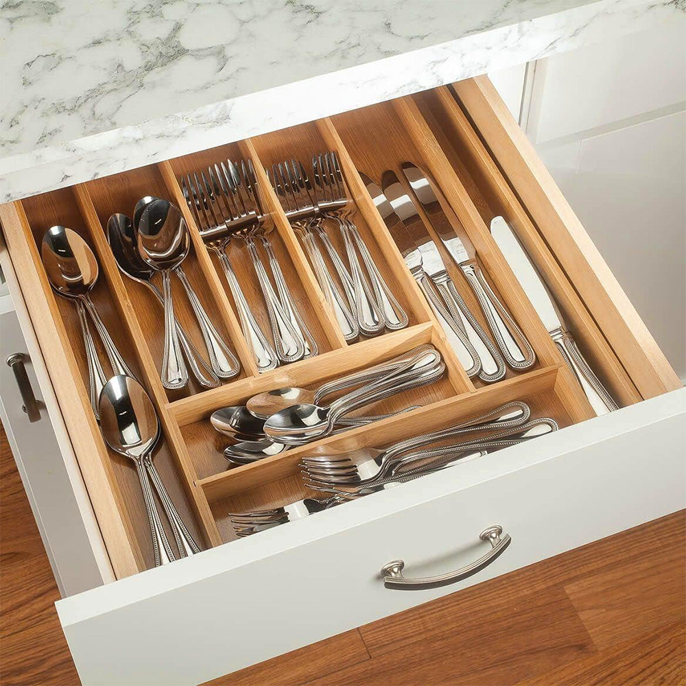 Expandable Bamboo Kitchen Drawer Organizer for Cutlery Utensils Wood Cutlery Tray in Drawer