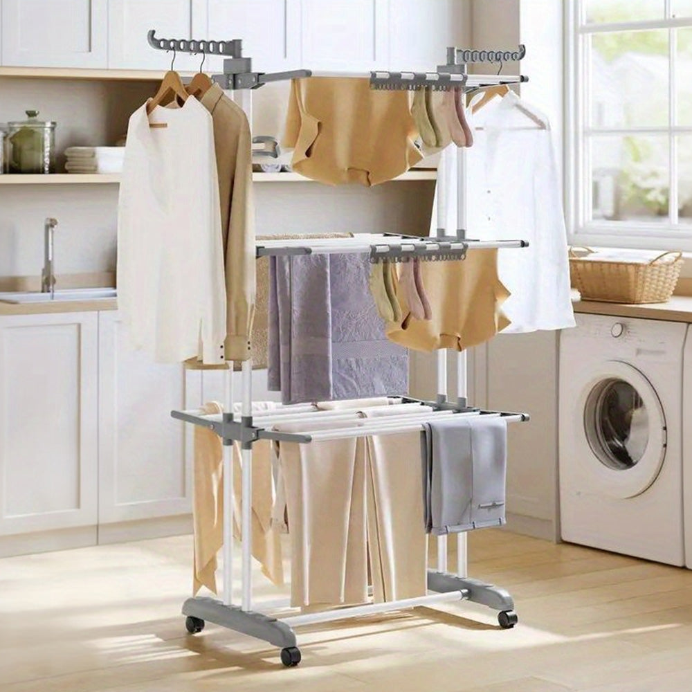 4 Tier Foldable Clothes Drying Rack with Wheels and Storage Hooks