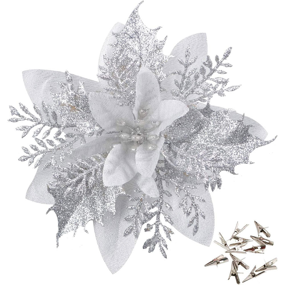 12Pcs Christmas Glitter Poinsettia Artificial Flower with Clip and Stem