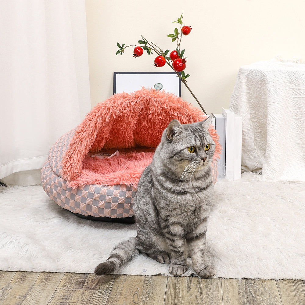 Plush Cushioned Hooded Winter Pet Bed