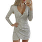 Women's Sexy Sparkly Glitter Long Sleeve V Neck Midi Dress Ruched Cocktail Dress