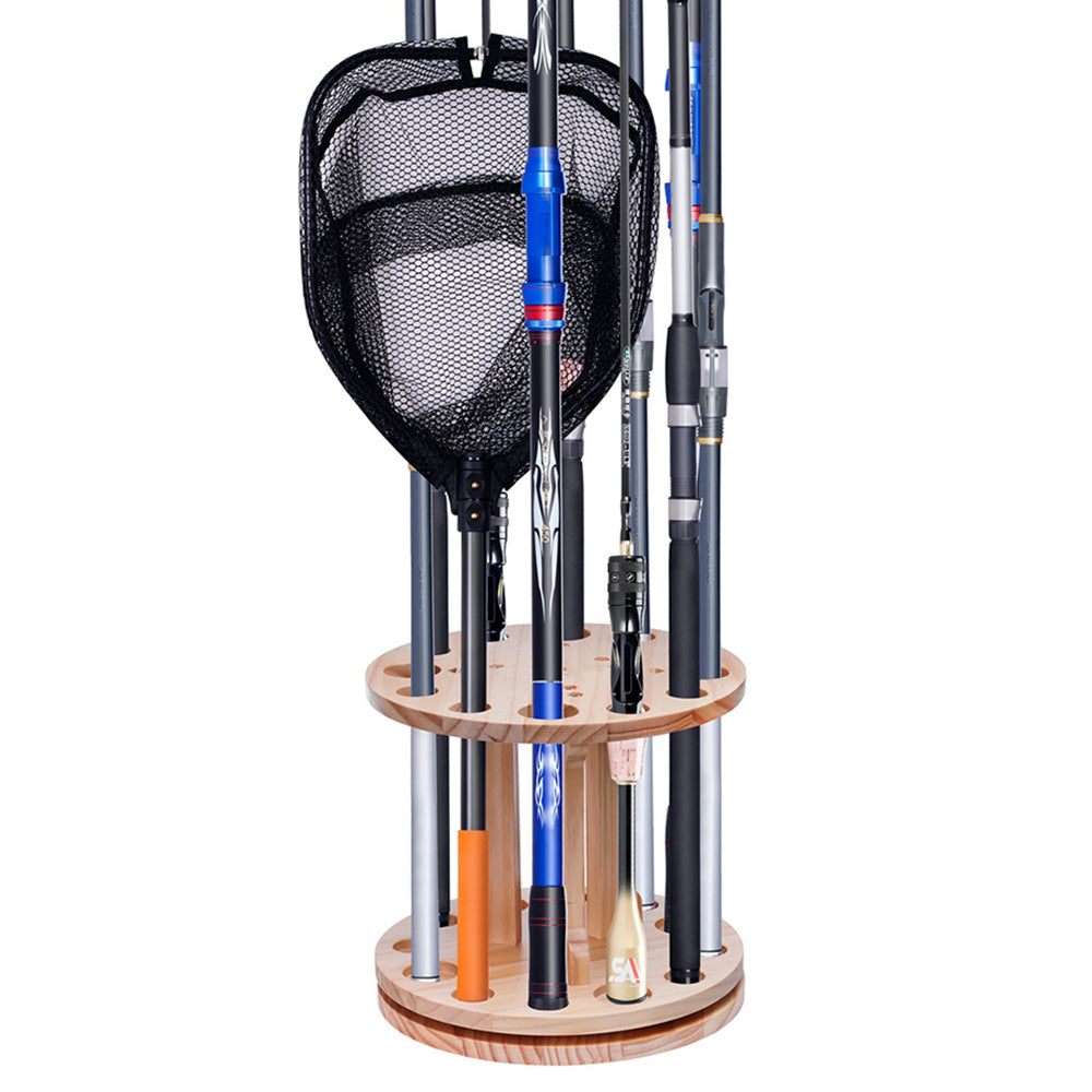 360 Degree Rotating Engineered Wood Floor Fishing Rod Rack Holds 12 Rods