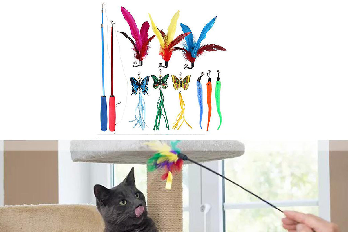 Interactive Cat Toy Set Telescopic Cat Wand with Feather Replacement Pack for Indoor Cat Play