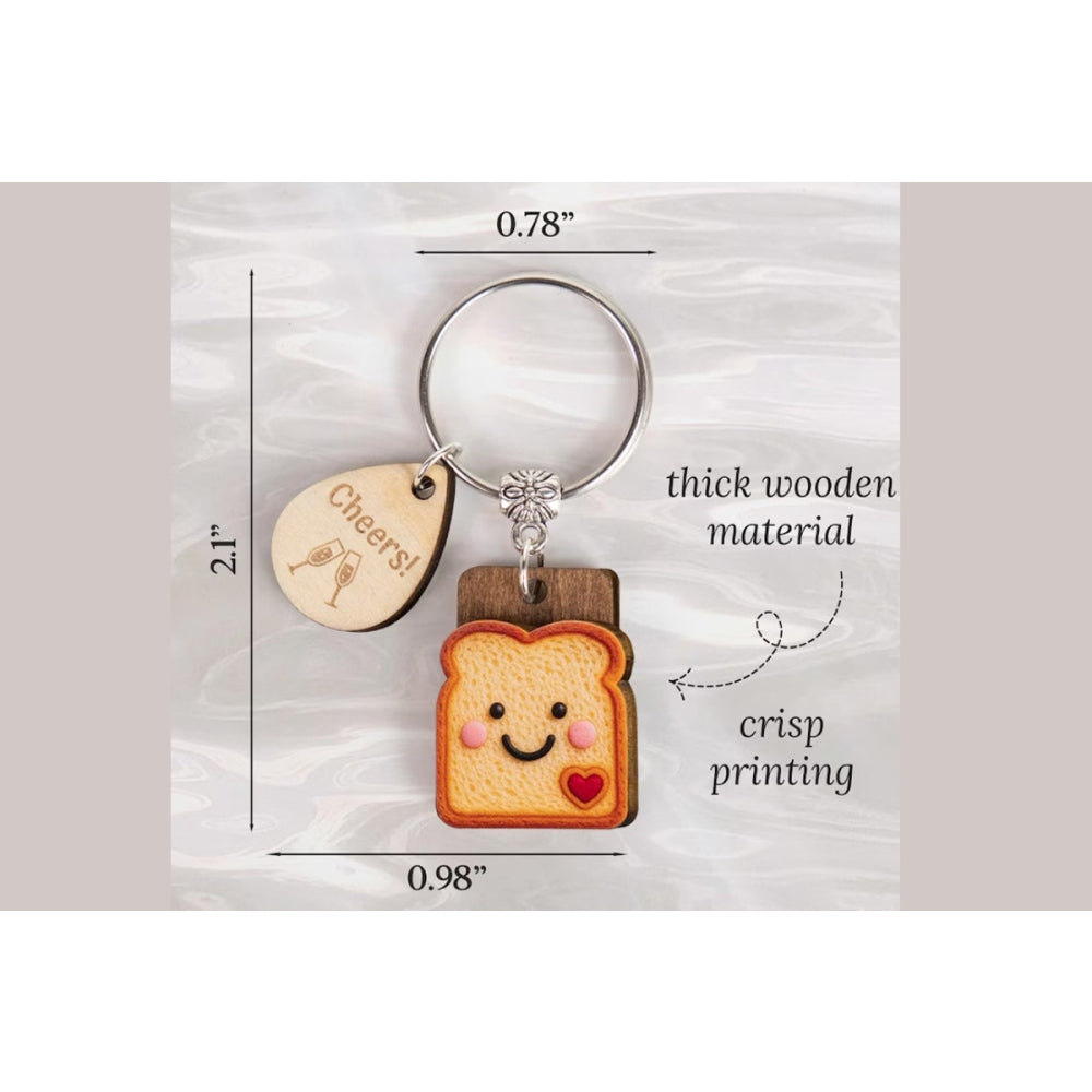 2Pcs Wood Bread Keychain Pendants with Greeting Cards