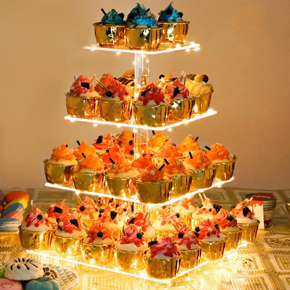 4 Tier Cupcake Stand Acrylic Tower Display with LED Light Holder for Party Decor