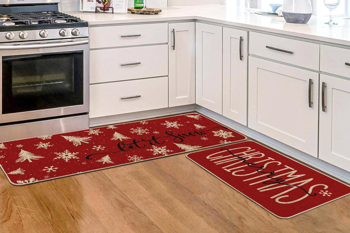 2Pcs Christmas Kitchen Rugs Merry Christmas Print Mats Home Kitchen Decor