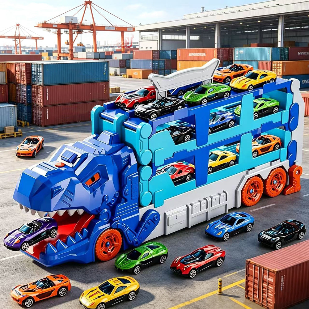 Foldable Dinosaur Truck with Dual Tracks and 6 Small Cars for Home Outdoors