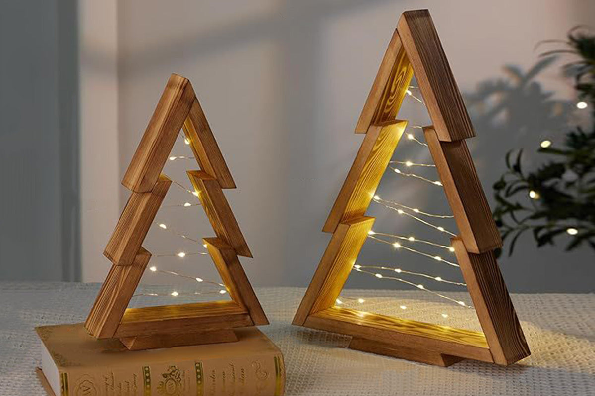 2Pcs Christmas Decor Lights Wooden Christmas Tree with Light Christmas Decorations