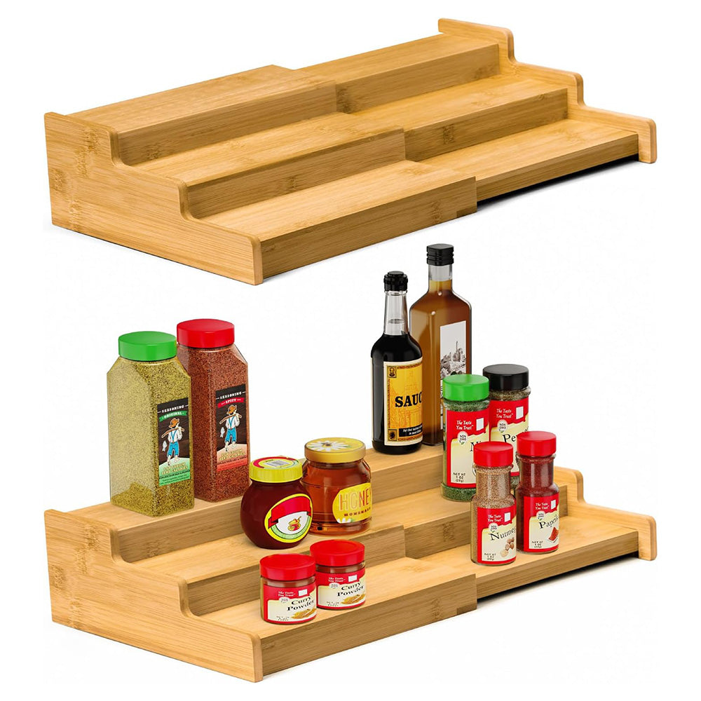 3-Tier Expandable Bamboo Spice Rack Organizer Adjustable Kitchen Cabinet Storage