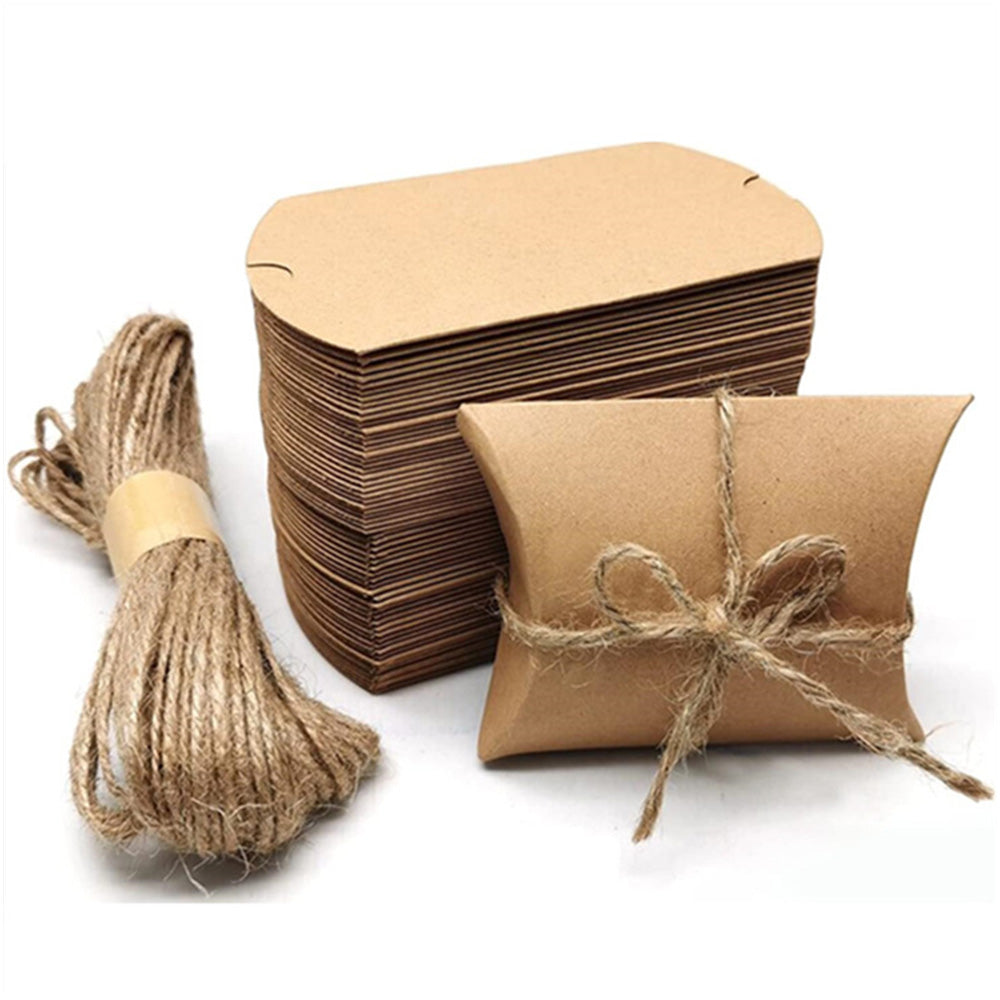 50 Pack Kraft Paper Pillow Gift Boxes with Ribbons for Weddings and Parties