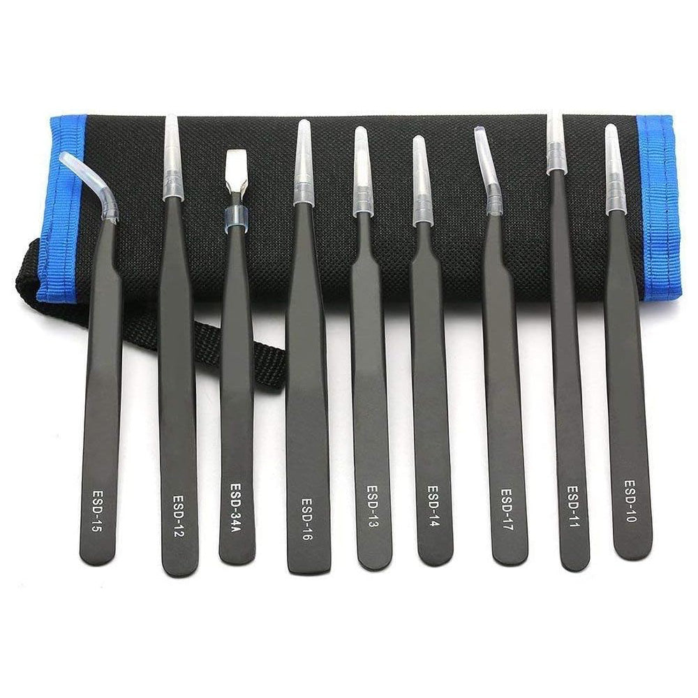 10 Piece Precision Tweezers Set with Bag Stainless Steel Anti Static Tweezers Repair Tool Kit for Electronics