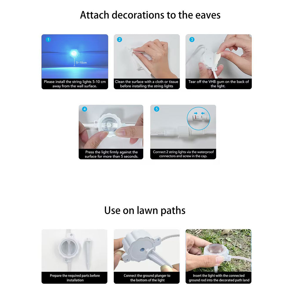 Solar Powered Christmas APP Control Smart Eave Lights Xmas Permanent Outdoor String Lights
