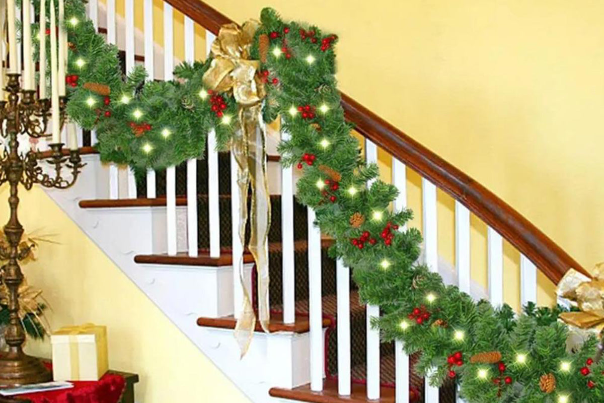 270cm Christmas Garland with Warm White LED Lights for Home Outdoor Fireplace Mantle Porch