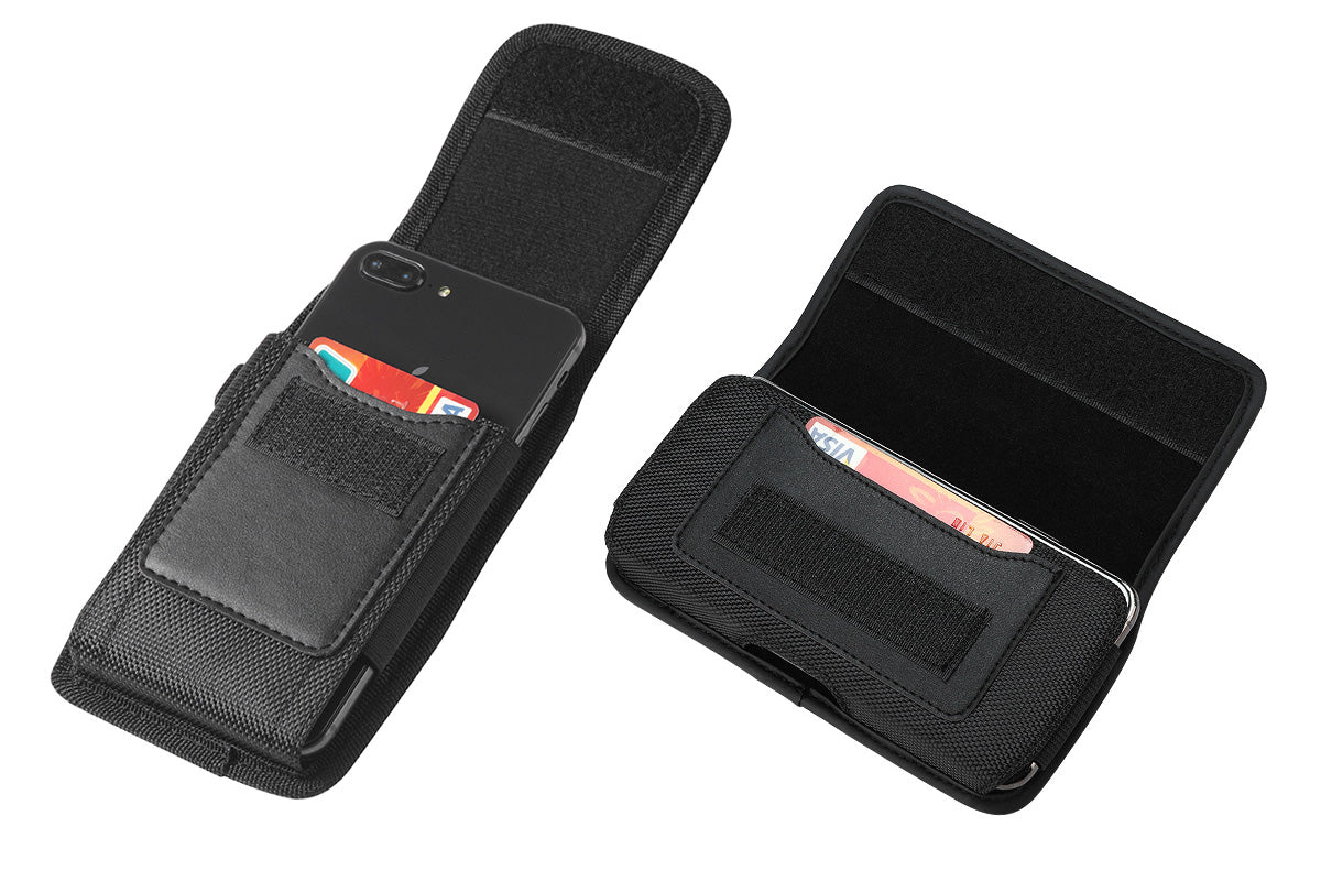 Universal Black Oxford Cloth Phone Waist Pouch with Belt Clip and Card Holder Compatible with Most Smartphones