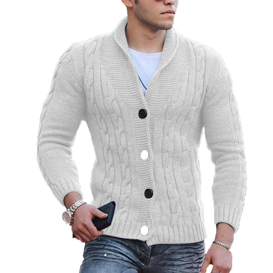 Men's Cable Knit Cardigan Button Down Warm Knit Jacket-White