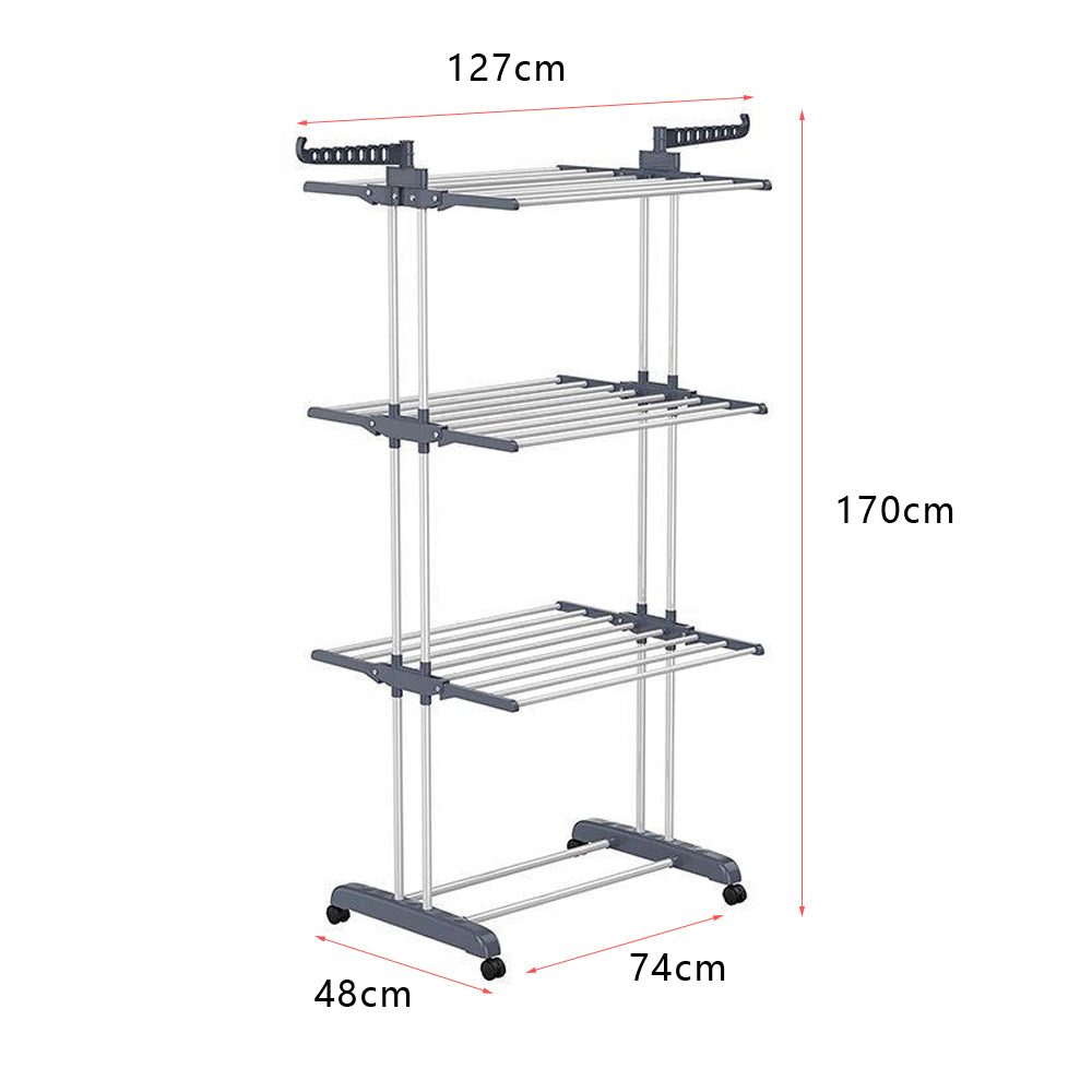 4-Tier Clothes Drying Airer Foldable Stainless Steel Movable Drying Rack