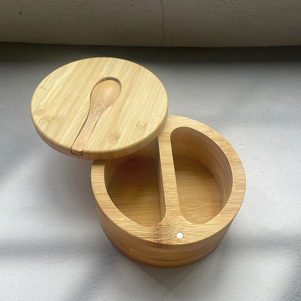 Kitchen Bamboo Salt Cellar with Swivel Lid  for Salt Pepper Sugar Herbs Spice with Spoon