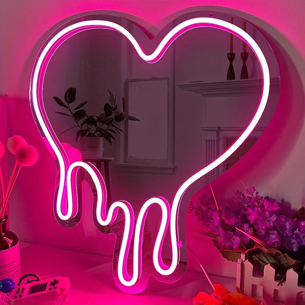 LED Heart Neon Mirror Dimmable Wedding Party Art Decor Night Light Mirror
