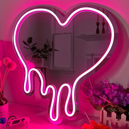 LED Heart Neon Mirror Dimmable Wedding Party Art Decor Night Light Mirror