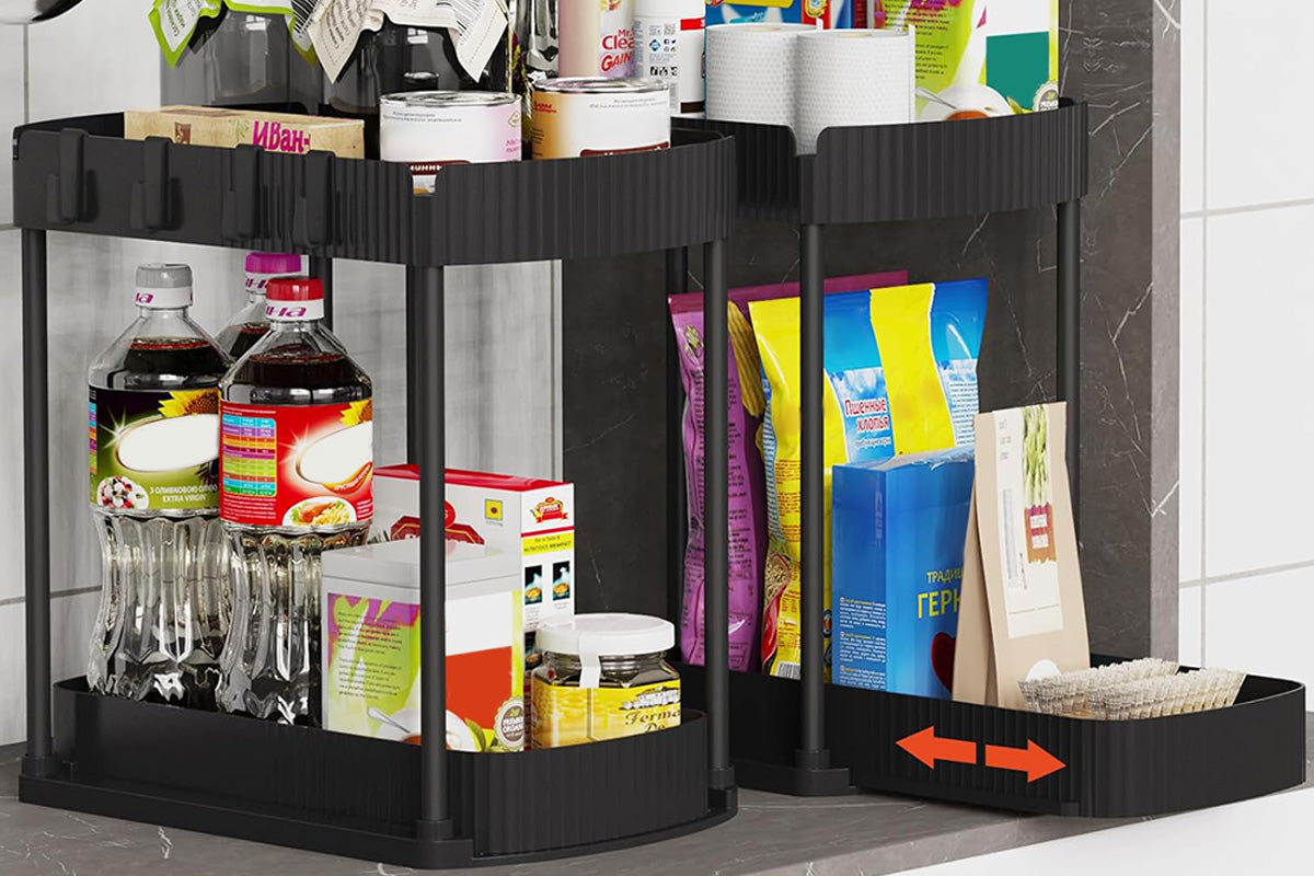 2Pcs Pull Out Storage Organizer Under Sink Shelf with 8 Hooks for Home Use