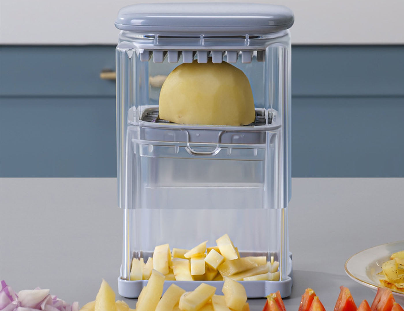 Vegetable Chopper with 4 Interchangeable Blades Press-Type Food Cutter with Container for Dicing