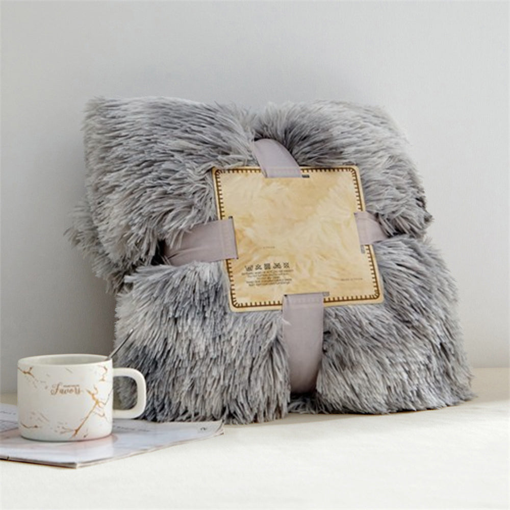 Soft Grey Long Pile Plush Blanket Faux Fur Warm Throw Shaggy Cover Rugs