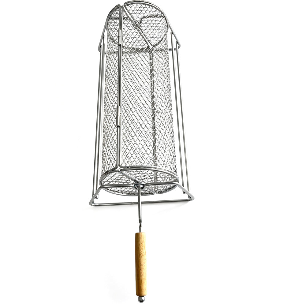 Rotating Stainless Steel BBQ Grill Basket with Stand and Handle for Camping Garden