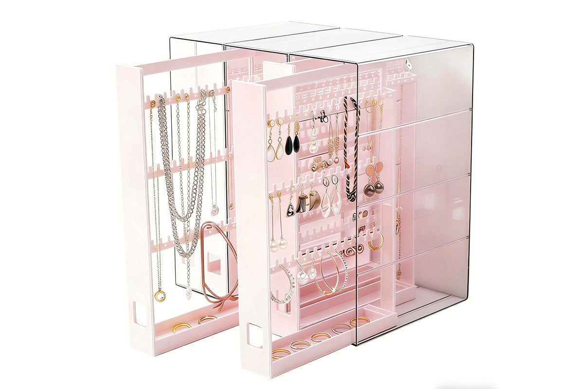 2-Tier Jewelry Organizer with Pull Out Drawer Earring Storage Box Display Case for Earrings Necklace Rings Studs
