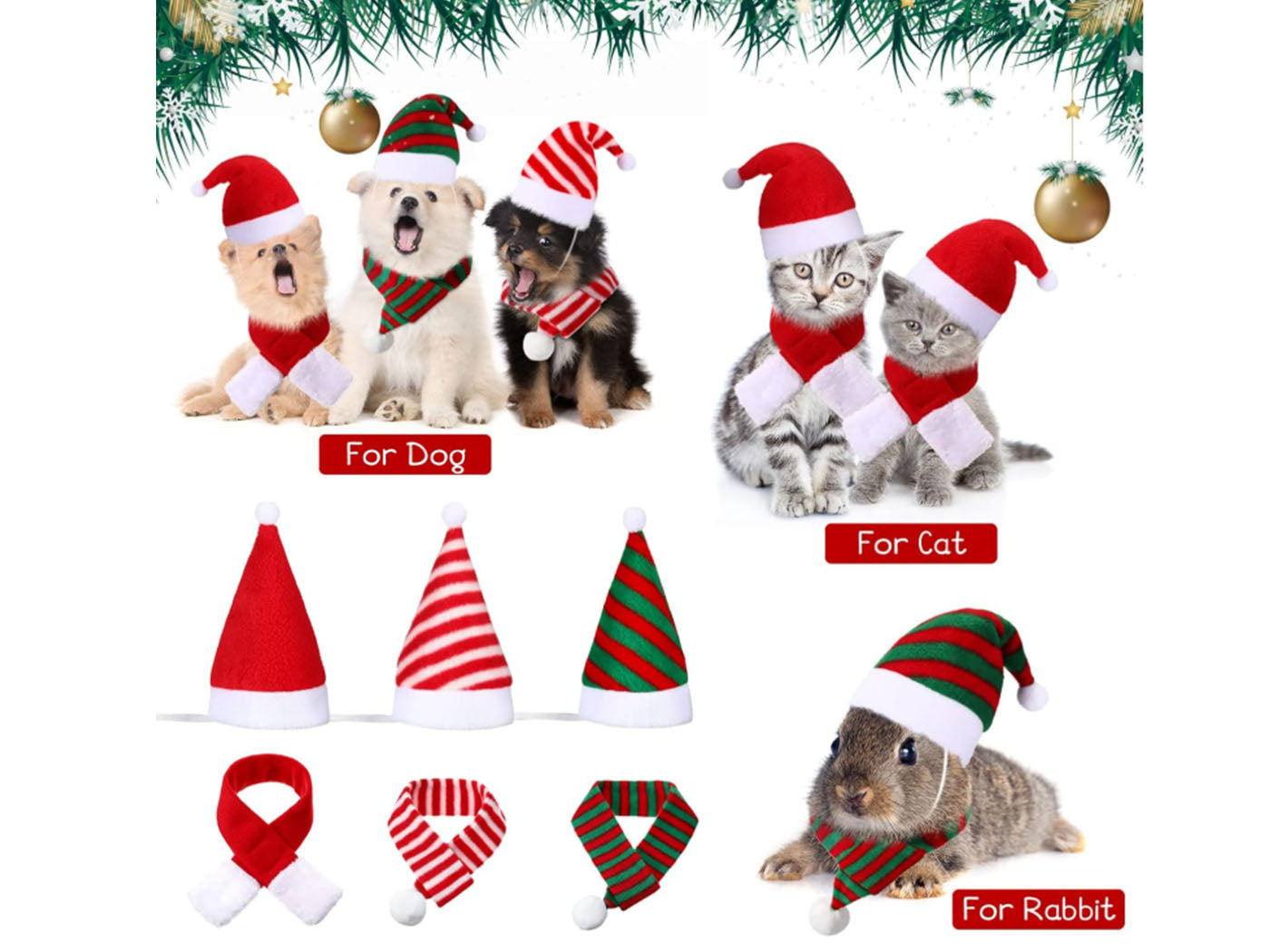 6-Pieces Pet Cat Dog Christmas Hat with Scarf Pet Christmas Costume Outfit Set