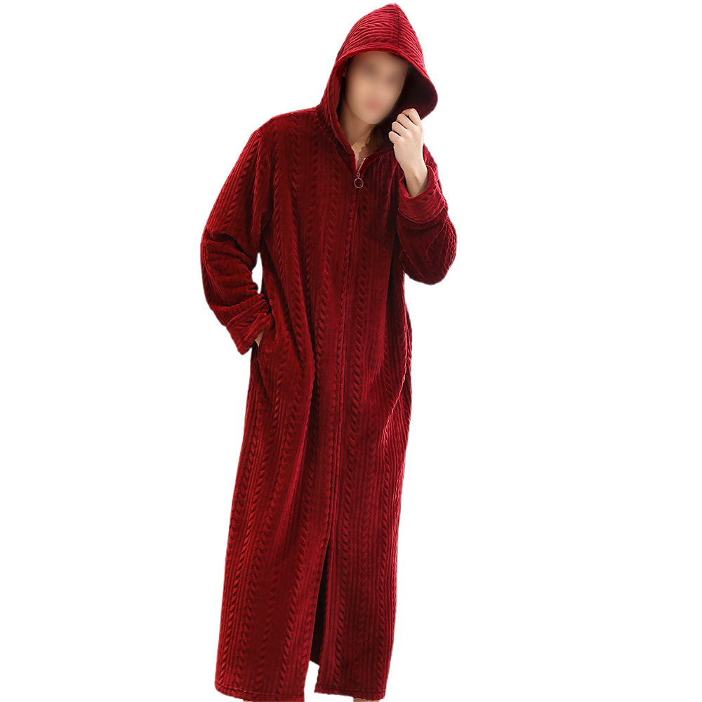 Unisex Long Hooded Zipper Bathrobe Fleece Robes Winter Warm Nightgown Sleepwear Pyjamas-Wine Red
