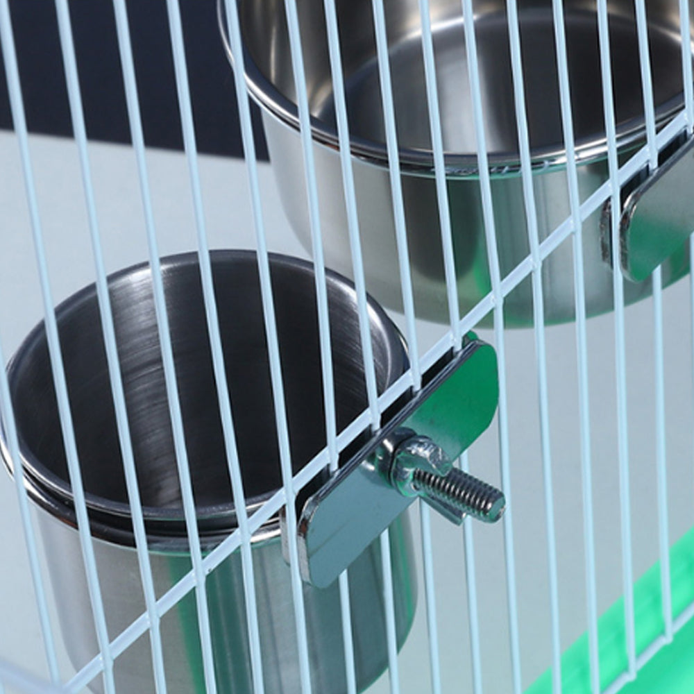 2Pcs Parrot Pet Stainless Steel Food Water Bowl Bird Feeder Crate Cage