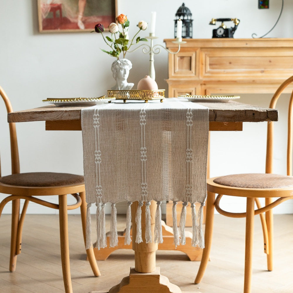 Vintage Farmhouse Woven Table Runner with Tassel for Dining Room Kitchen Reading Dresser