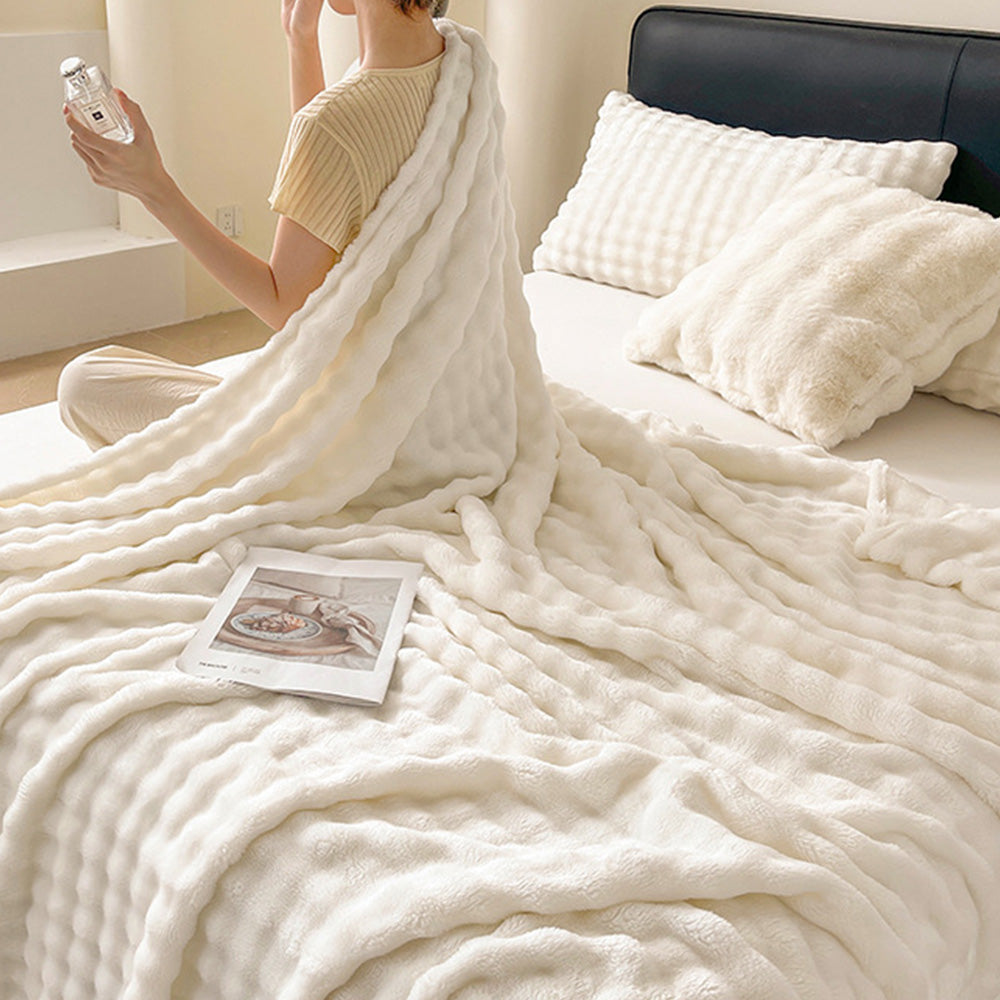 Bubble Fleece Blanket Soft Textured Throw for Sofa Bed Home Decor-White