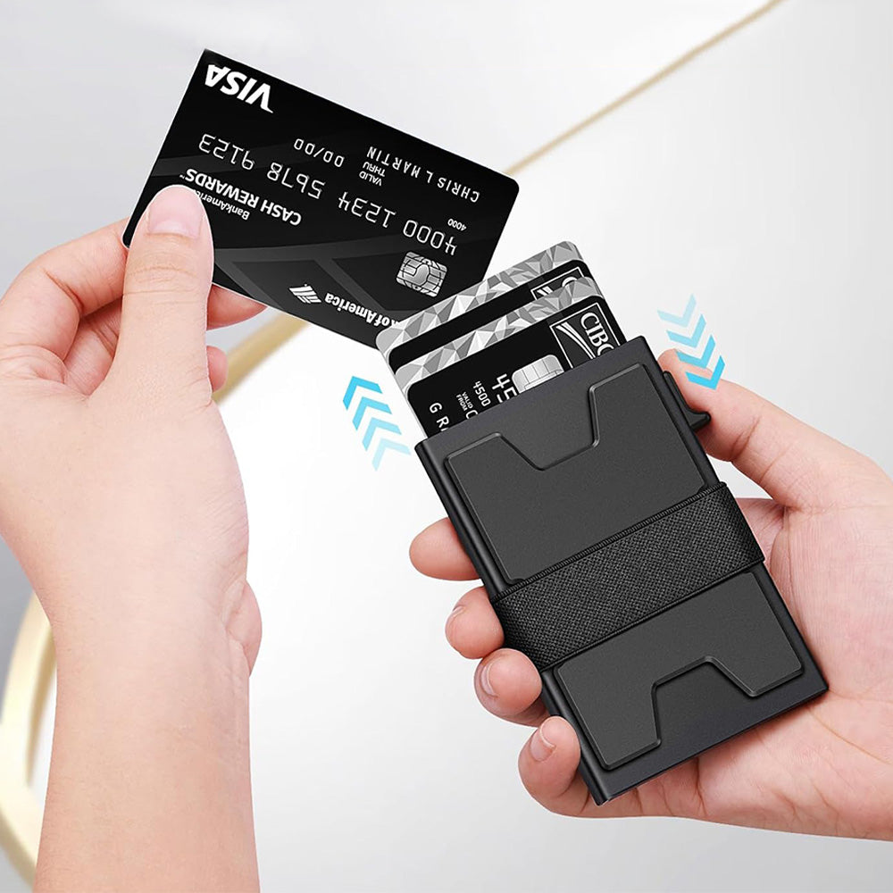 RFID Blocking Slim Aluminum Card Holder Wallet with Durable Expandable Backplate and Holds 12 Plus Cards Plus Cash
