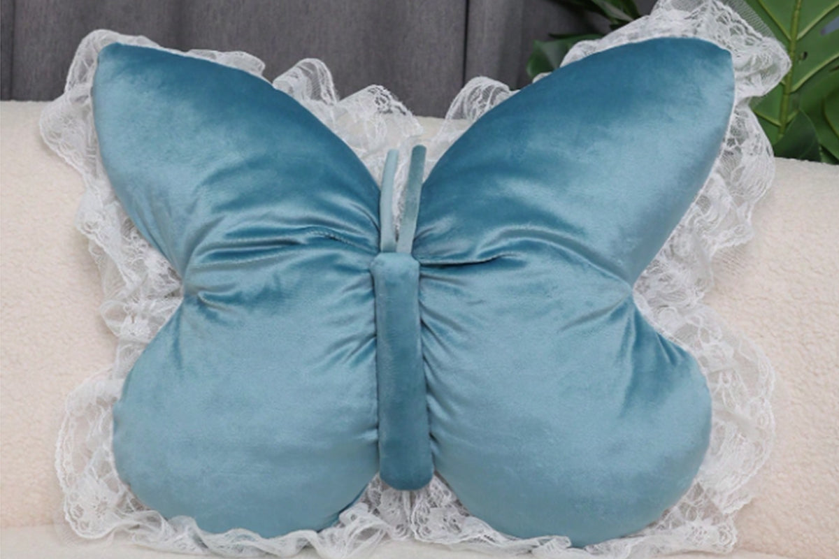 Butterfly Shape Throw Pillow with Lace Ruffle Trim Decorative Cushion Home Decor Cushion Butterfly Velvet Throw Pillow