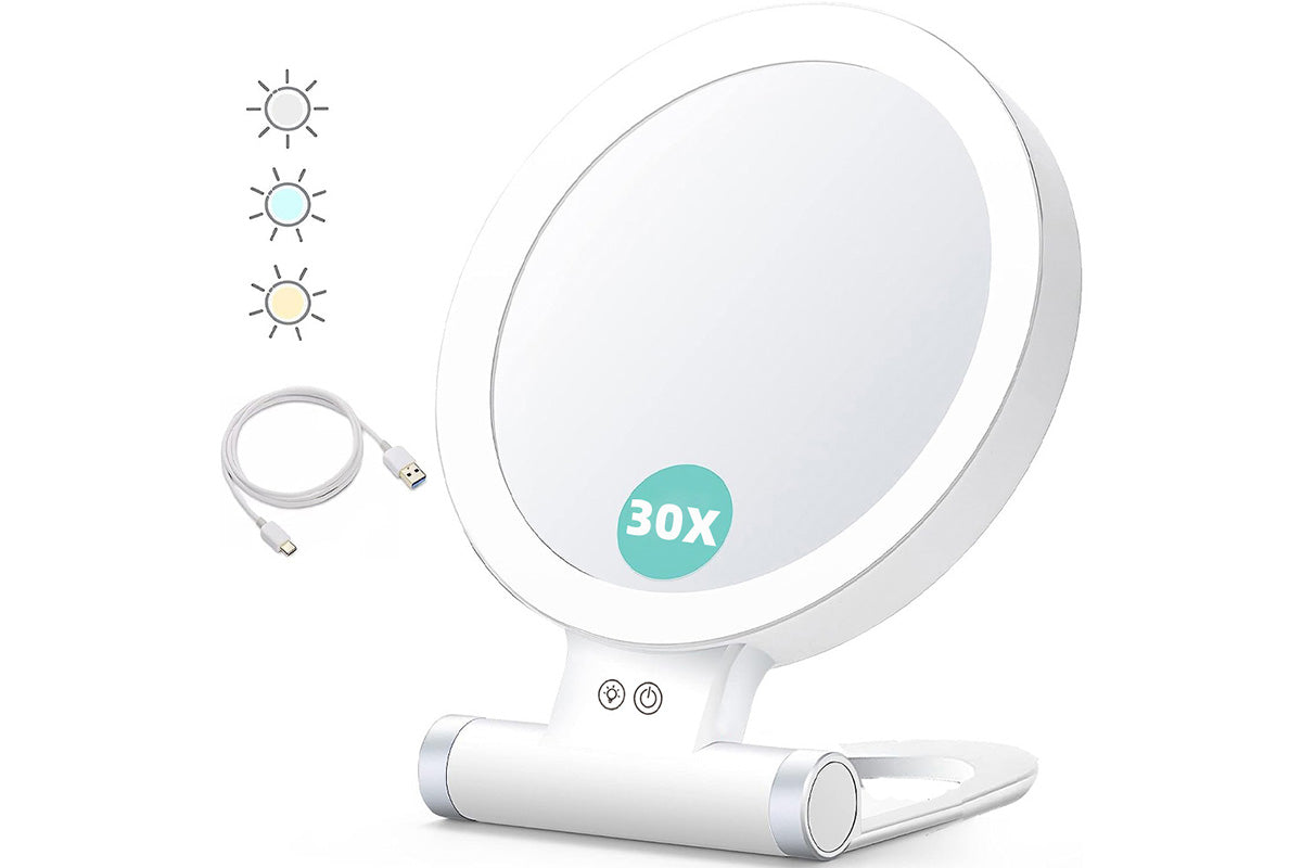 Double Sided 1X And 30X Magnifying Makeup Foldable Mirror With 3 Color Lights