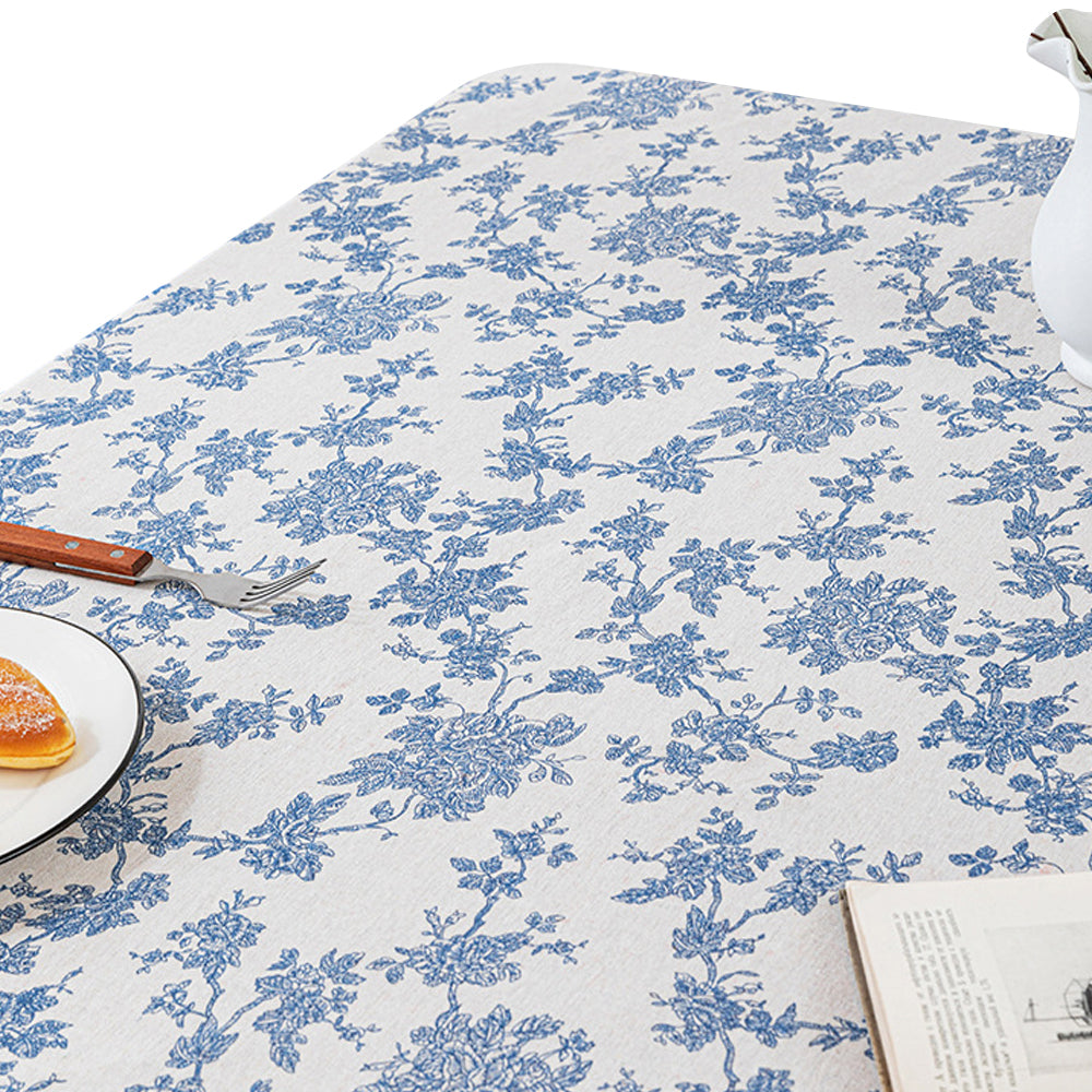 135x180cm Retro Blue Rose Floral Cotton Linen Fabric Tablecloth