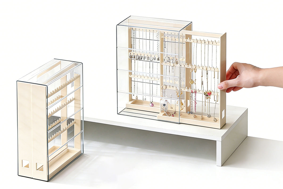2-Tier Jewelry Organizer with Pull Out Drawer Earring Storage Box Display Case for Earrings Necklace Rings Studs