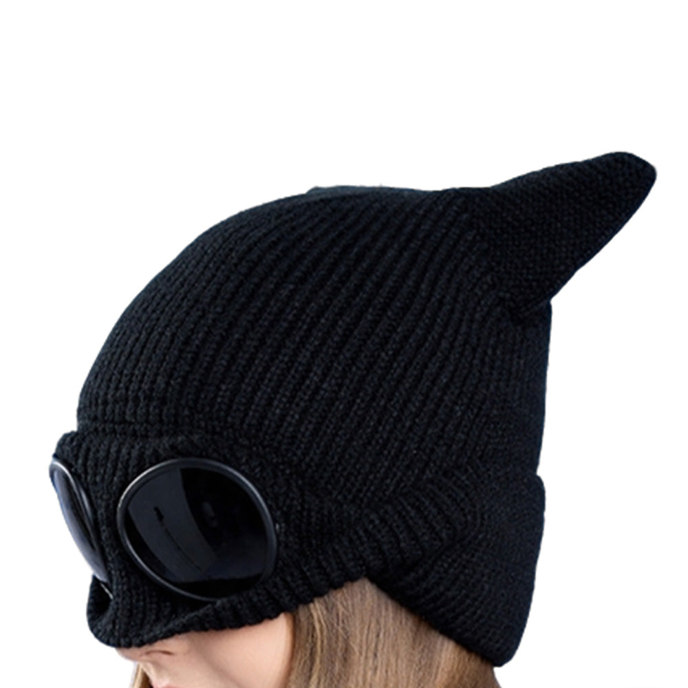 Double Layer Knit Winter Beanie with Goggles Cute Cat Ear Knit Beanie for Winter