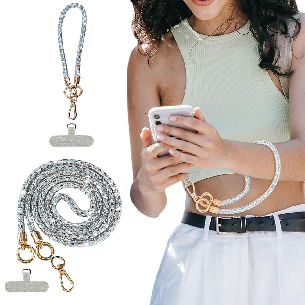 Rhinestone Crossbody Phone Lanyard with Wrist Strap and Locking Clips