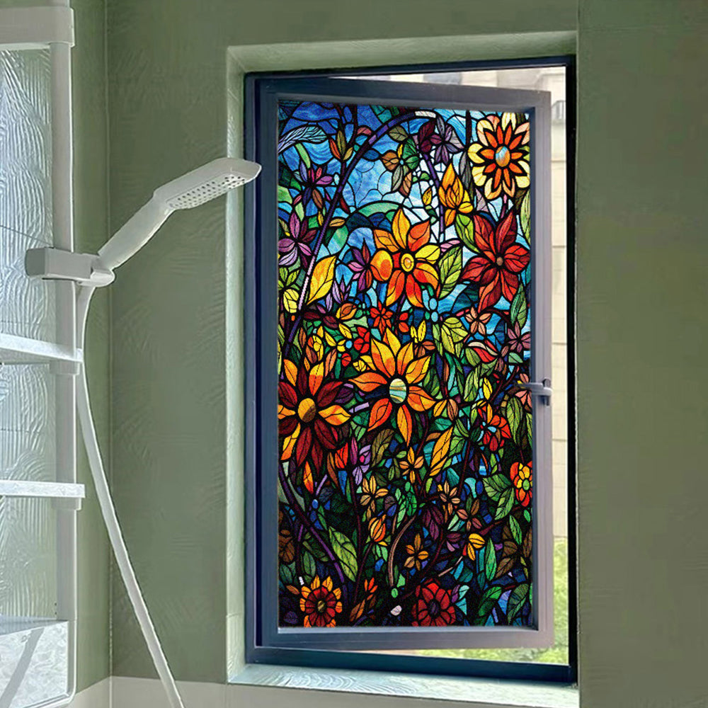 2Pcs Static Cling Windows Film Stained Glass Stickers Flower Decor
