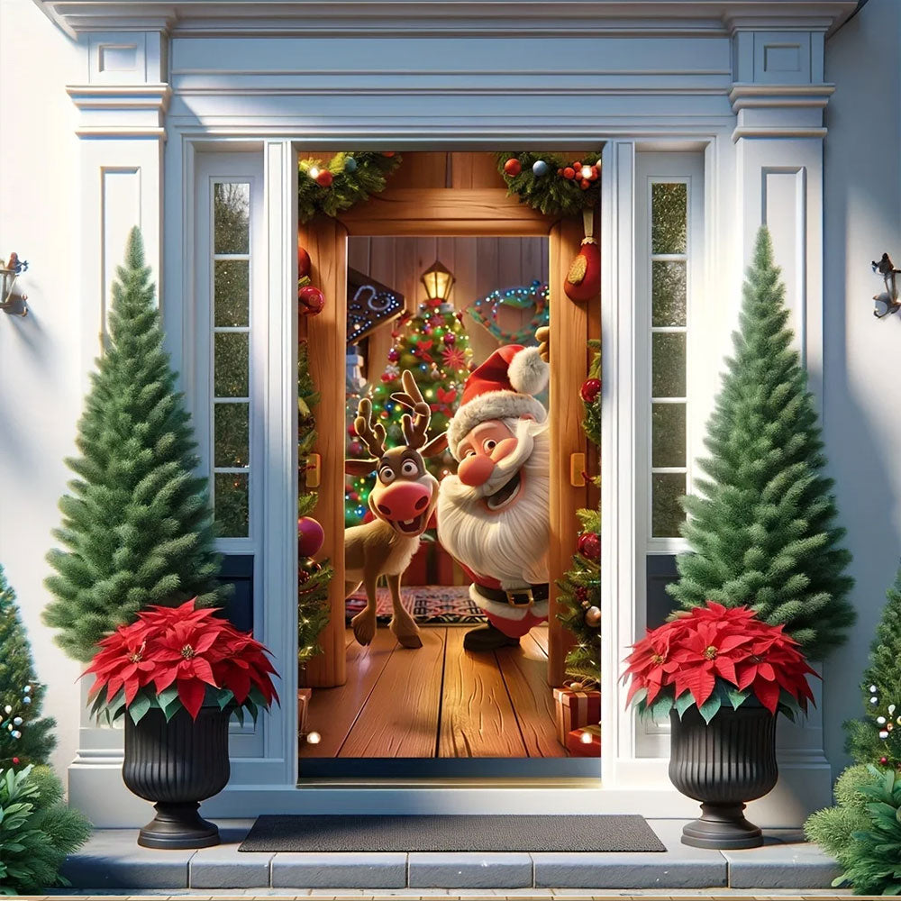 2Pcs 180x90CM Santa Claus Door Cover Christmas Background Cloth Hanging