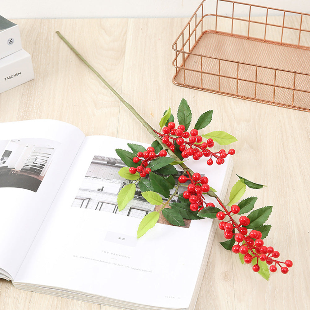 3Pcs 67cm Christmas Red Berry Holly Branch Pine Cone Artificial Flower Xmas Decor