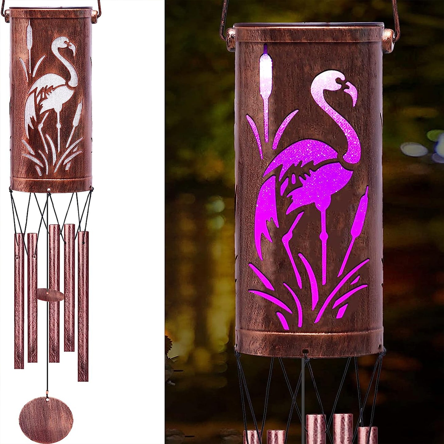 Outdoor Hollowed Out Metal Solar Wind Chimes Hanging Lights-Flamingo