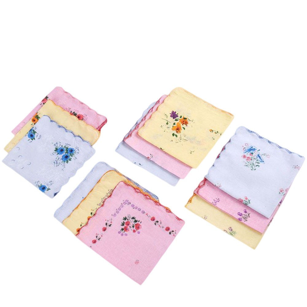 12Pcs Womens Cotton Pocket Handkerchiefs with Floral Patterns