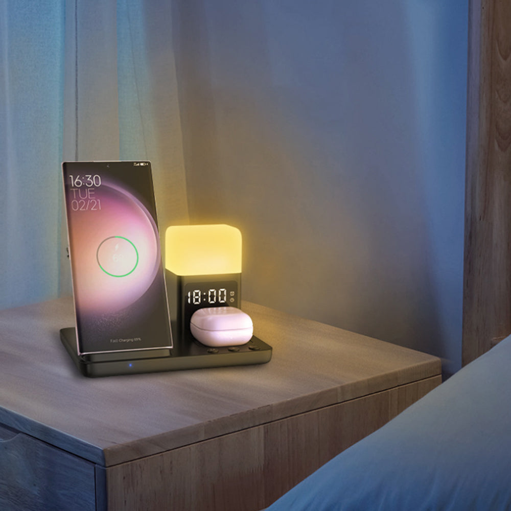 6-in-1 Wireless Charger with Alarm Clock and Night Light for Smartphone/Watch/Earbuds