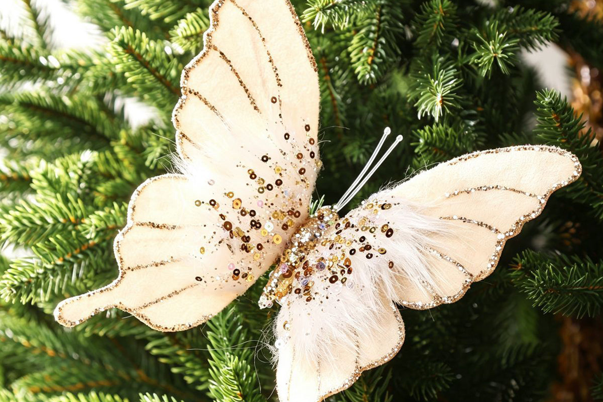 8pcs 3D Fabric Butterfly Clip Ornaments Sequins Glitter Trim Butterfly Clips Decor for Christmas Tree
